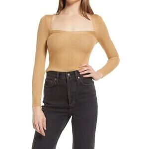 Topshop Long Sleeves Square Neck Ribbed Sweater in Camel Size 8-10 US NWT